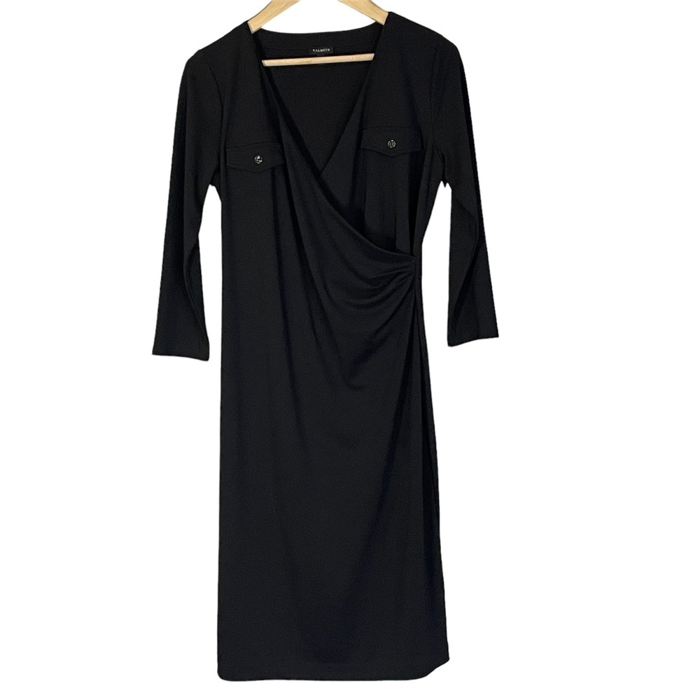 Talbots little black faux wrap 3/4 sleeved dress. Faux front pockets. Women’s S